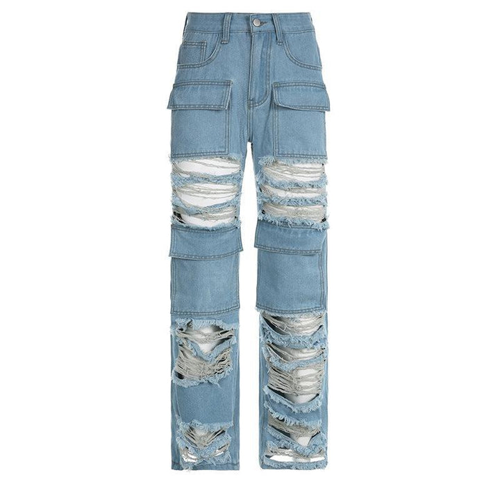 Women's High Waist Zipper Straight Ripped Jeans-THAT FASHION STORE