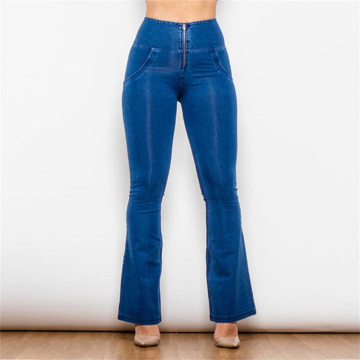 Women's High Waist Flared Dark Blue Stretch Jeans-THAT FASHION STORE