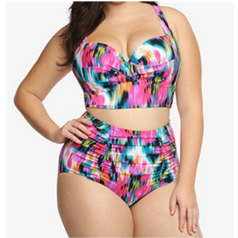 Printed Push Up Bikini Swimsuit Ladies Split High Waist Plus Size Multicolor-THAT FASHION STORE