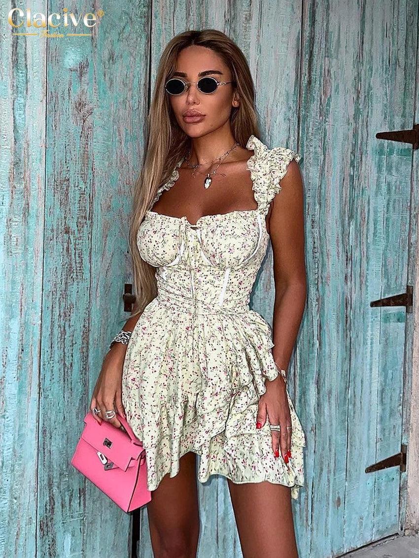 Clacive Sexy Slim Print Women's Dress 2024 Summer Strap Sleeveless Mini Dress Elegant High Waist Ruffle Female Party Dresses-THAT FASHION STORE