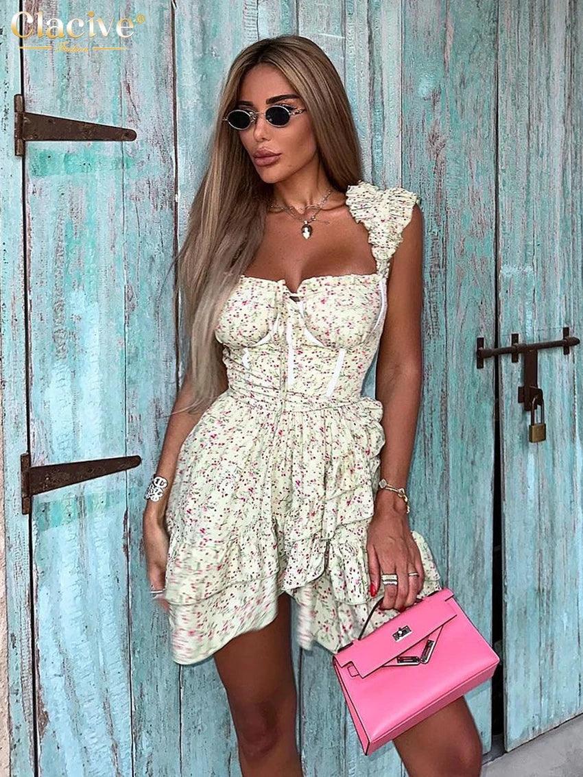 Clacive Sexy Slim Print Women's Dress 2024 Summer Strap Sleeveless Mini Dress Elegant High Waist Ruffle Female Party Dresses-THAT FASHION STORE