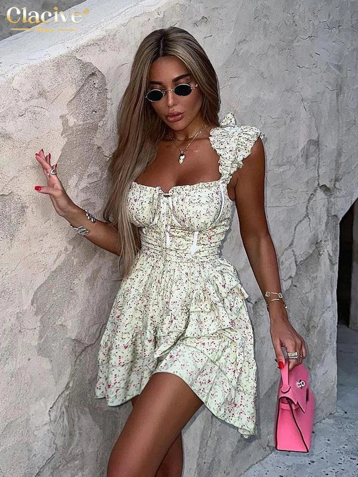 Clacive Sexy Slim Print Women's Dress 2024 Summer Strap Sleeveless Mini Dress Elegant High Waist Ruffle Female Party Dresses-THAT FASHION STORE