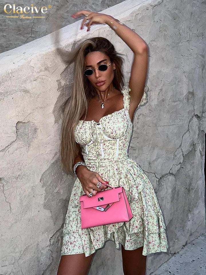 Clacive Sexy Slim Print Women's Dress 2024 Summer Strap Sleeveless Mini Dress Elegant High Waist Ruffle Female Party Dresses-THAT FASHION STORE