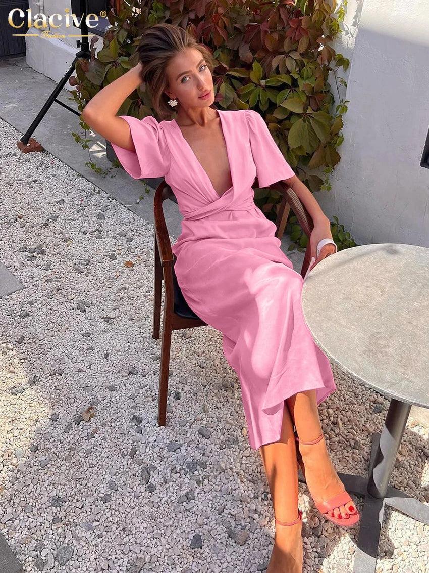 Clacive Summer Slim Pink Women's Dress Fashion V-Neck Short Sleeve Ankle Length Dresses Elegant Classic High Wasit Female Dress-THAT FASHION STORE