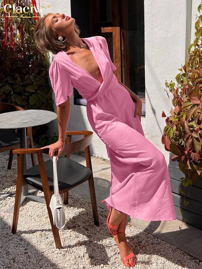 Clacive Summer Slim Pink Women's Dress Fashion V-Neck Short Sleeve Ankle Length Dresses Elegant Classic High Wasit Female Dress-THAT FASHION STORE