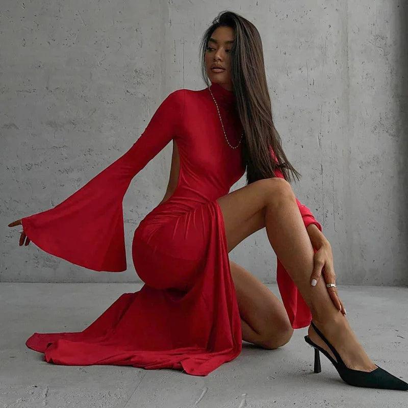 Cryptographic Open Back Sexy Split Maxi Dress Elegant Outfits for Women Chic Flare Sleeve Party Club Fashion Red Dresses Vestido-THAT FASHION STORE