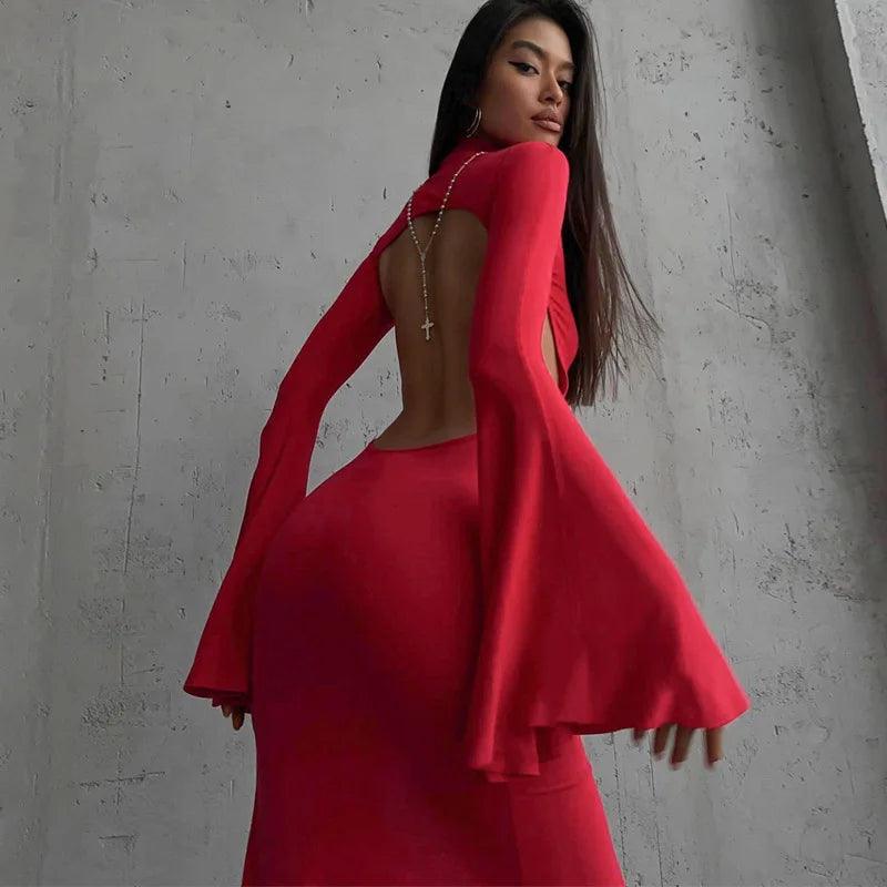 Cryptographic Open Back Sexy Split Maxi Dress Elegant Outfits for Women Chic Flare Sleeve Party Club Fashion Red Dresses Vestido-THAT FASHION STORE