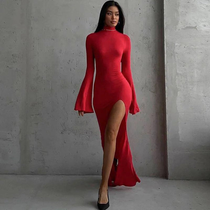 Cryptographic Open Back Sexy Split Maxi Dress Elegant Outfits for Women Chic Flare Sleeve Party Club Fashion Red Dresses Vestido-THAT FASHION STORE