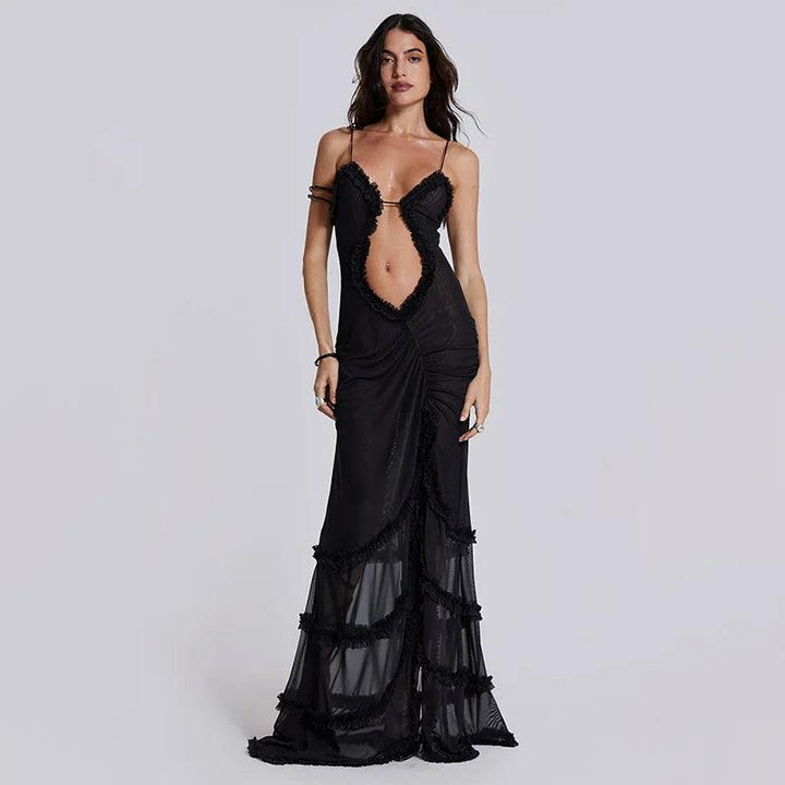 CUTENOVA Women Noble Furry Halter Sleeveless Hollow Dress Camisole Shrunk Split Wave Cut Dress Luxury Prom Occasion Evening Gown-THAT FASHION STORE