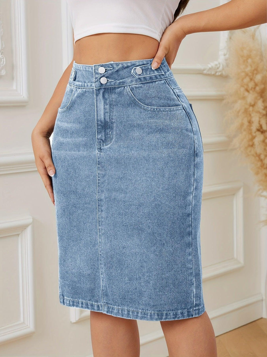 Vintage Plain High Rise Denim Midi Skirt, Double Buttons Slash Pocket Elegant Denim Skirts-THAT FASHION STORE