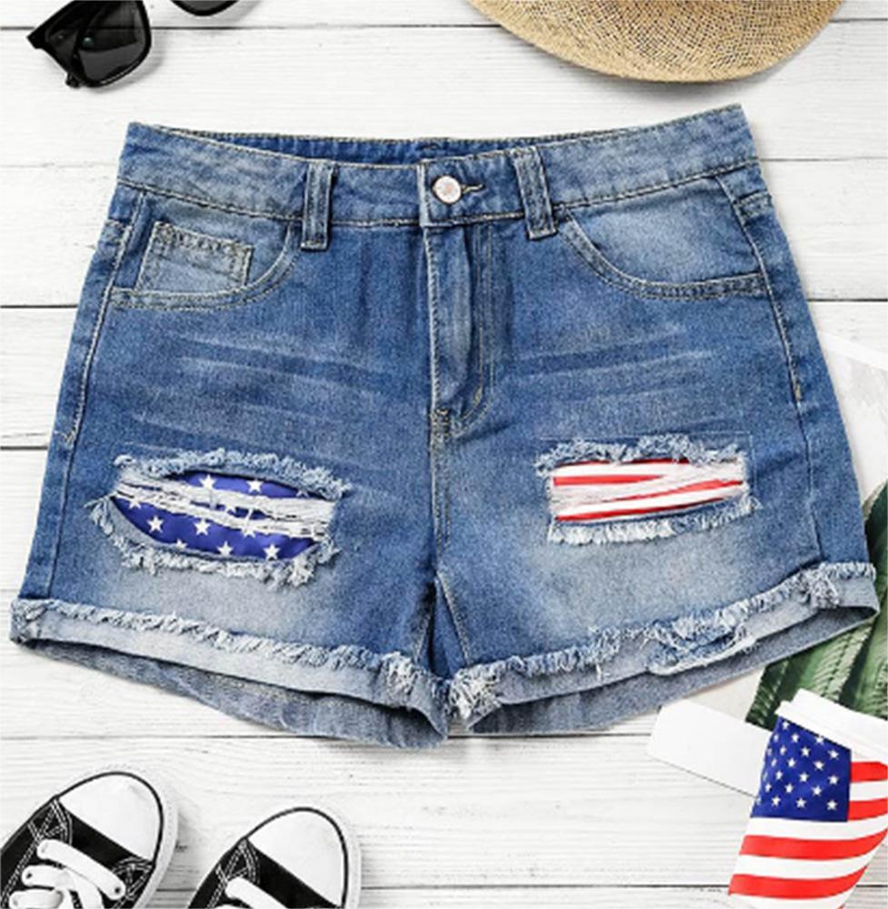 Flag Printed Patch Denim Shorts-THAT FASHION STORE