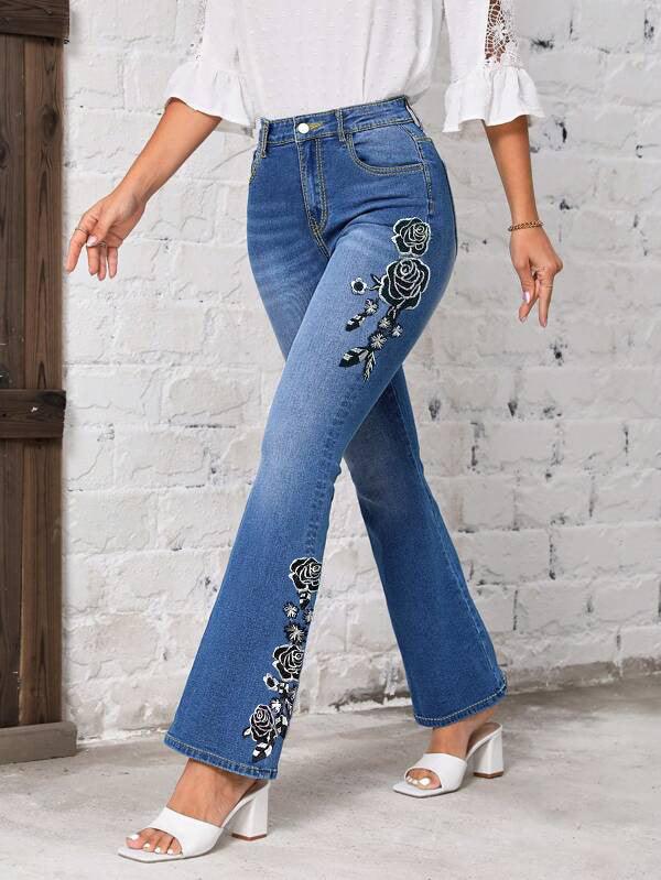 Women's Fashionable Stretch Floral Embroidered Flared Jeans-THAT FASHION STORE