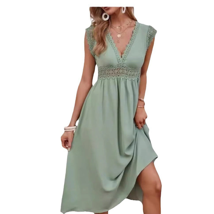 Elegant Women's Lace V-neck Hollow-out Solid Color Dress - THAT FASHION STORE