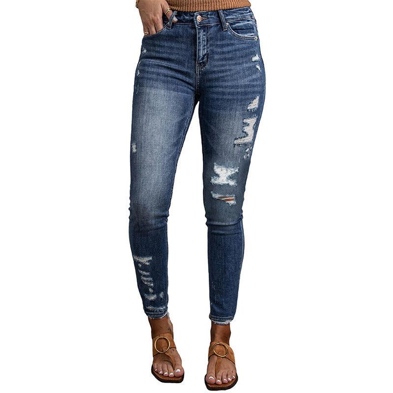 Casual Women's Fitted High Waist Frayed Washed Jeans-THAT FASHION STORE