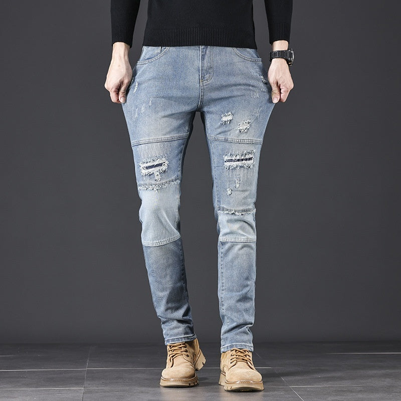 Trendy Distressed Blue Jeans for Men with Unique Cutouts - THAT FASHION STORE