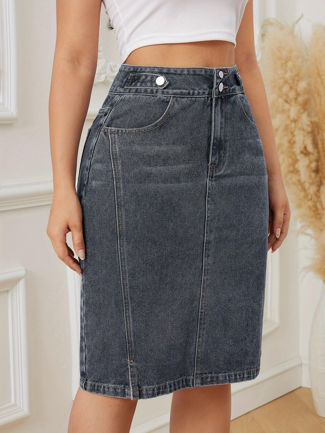 Vintage Plain High Rise Denim Midi Skirt, Double Buttons Slash Pocket Elegant Denim Skirts-THAT FASHION STORE