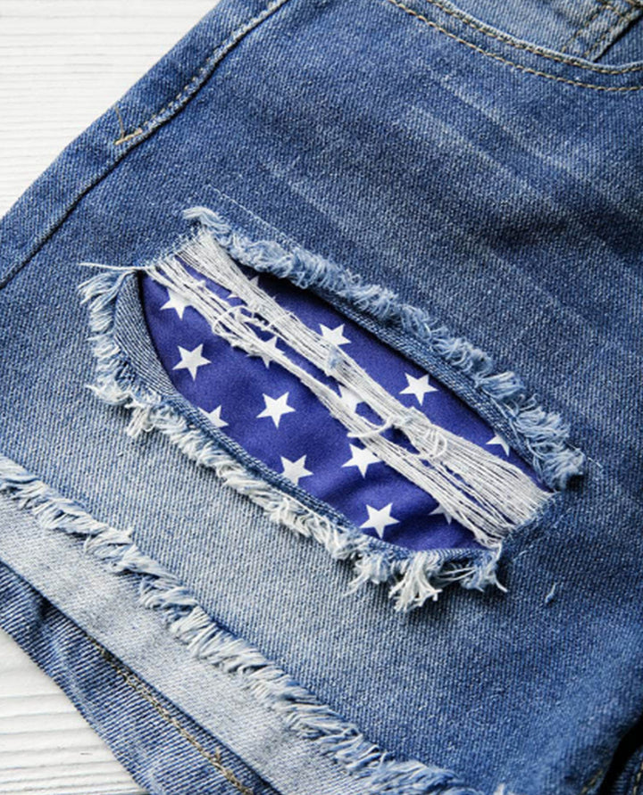 Flag Printed Patch Denim Shorts-THAT FASHION STORE