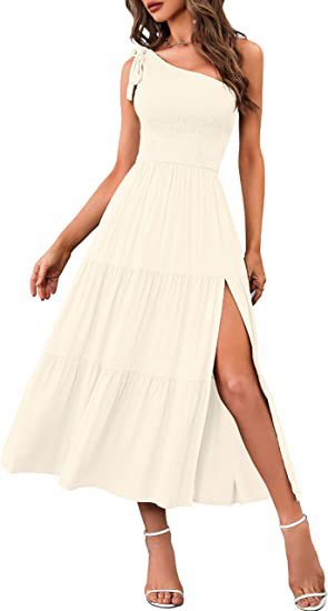 Chic Asymmetrical One-Shoulder Maxi Dress with Pleated Layered Hem and Side Slits - THAT FASHION STORE