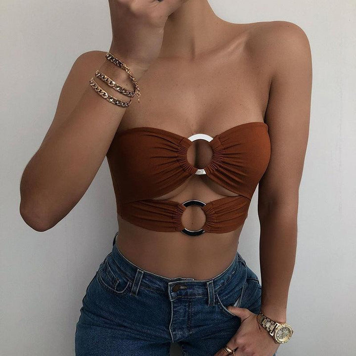 Metal Ring Tube Top Women Wrapped Chest Solid Color Texture Pleated Top-THAT FASHION STORE