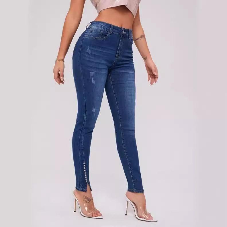 Slim Fit Patchwork High Waist Stretch Jeans-THAT FASHION STORE