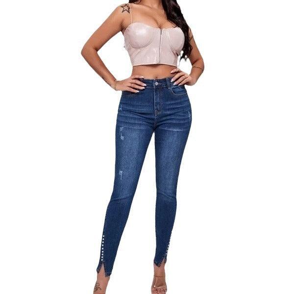 Slim Fit Patchwork High Waist Stretch Jeans-THAT FASHION STORE