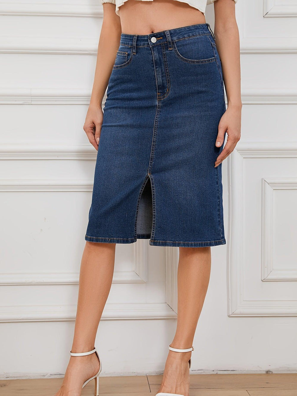 Split Front Denim Skirt, High Stretch Pocket Loose Denim Skirts, Women's Denim Clothing-THAT FASHION STORE