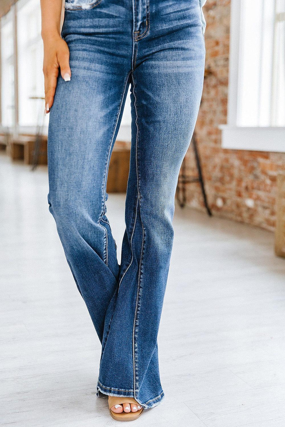 Washed High Waist Jeans Paneled Women's Flare-THAT FASHION STORE