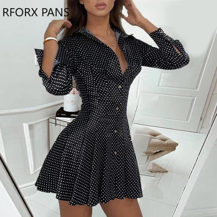 Dot Print Pleated Skater Dress Women Dress-THAT FASHION STORE