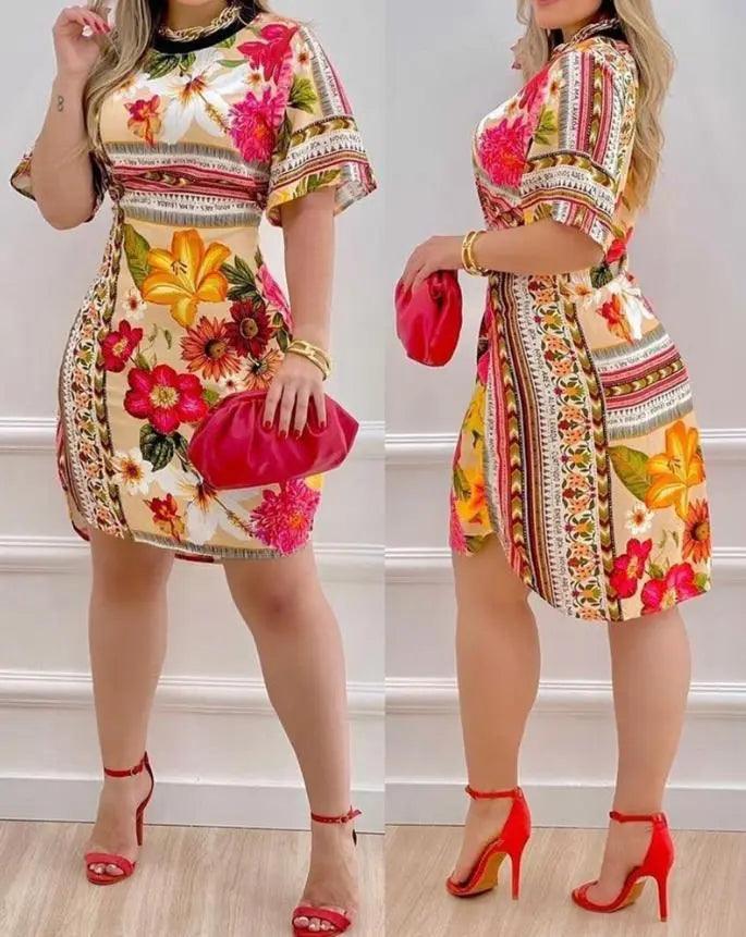 Dresses for Women 2023 Floral Print Half Sleeve Casual Daily Vacation O-neck Mini Straight Dress-THAT FASHION STORE