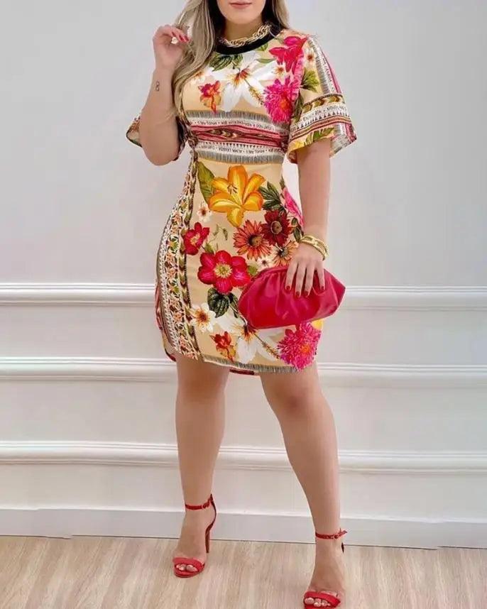 Dresses for Women 2023 Floral Print Half Sleeve Casual Daily Vacation O-neck Mini Straight Dress-THAT FASHION STORE