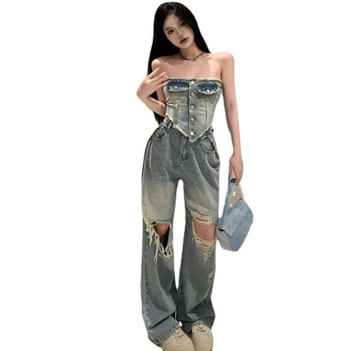 Hot Girl Slim Tube Top Ripped Jeans-THAT FASHION STORE