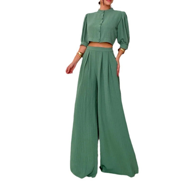 Round Neck Half Sleeve Short Vest High Waist Straight Pants Suit - THAT FASHION STORE