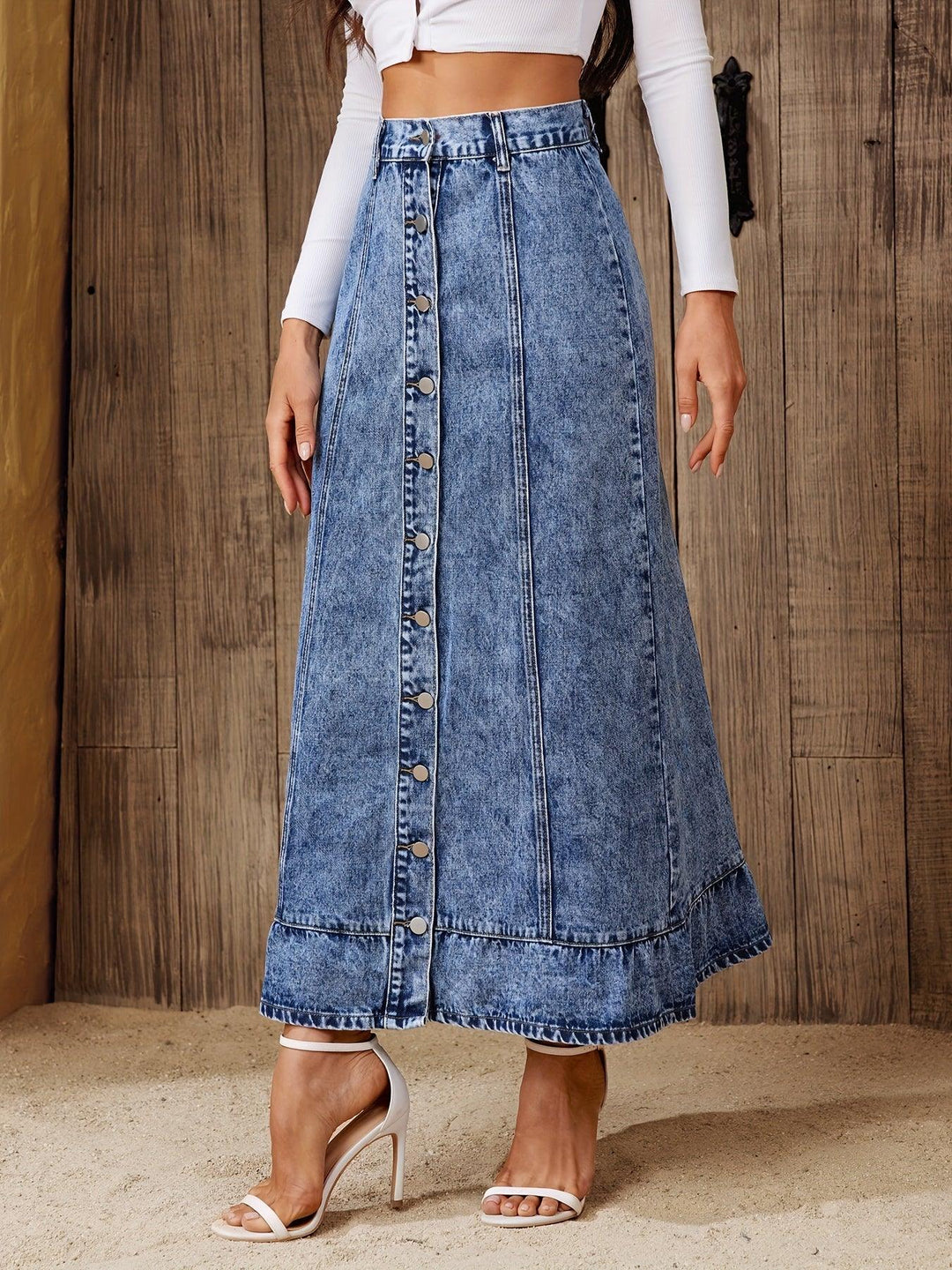 Women's Summer Vintage Washed Denim Maxi Skirt, A-Line Single-breasted Button Front Long Skirt With Frayed Hem, Casual Retro Style Jean Skirt-THAT FASHION STORE