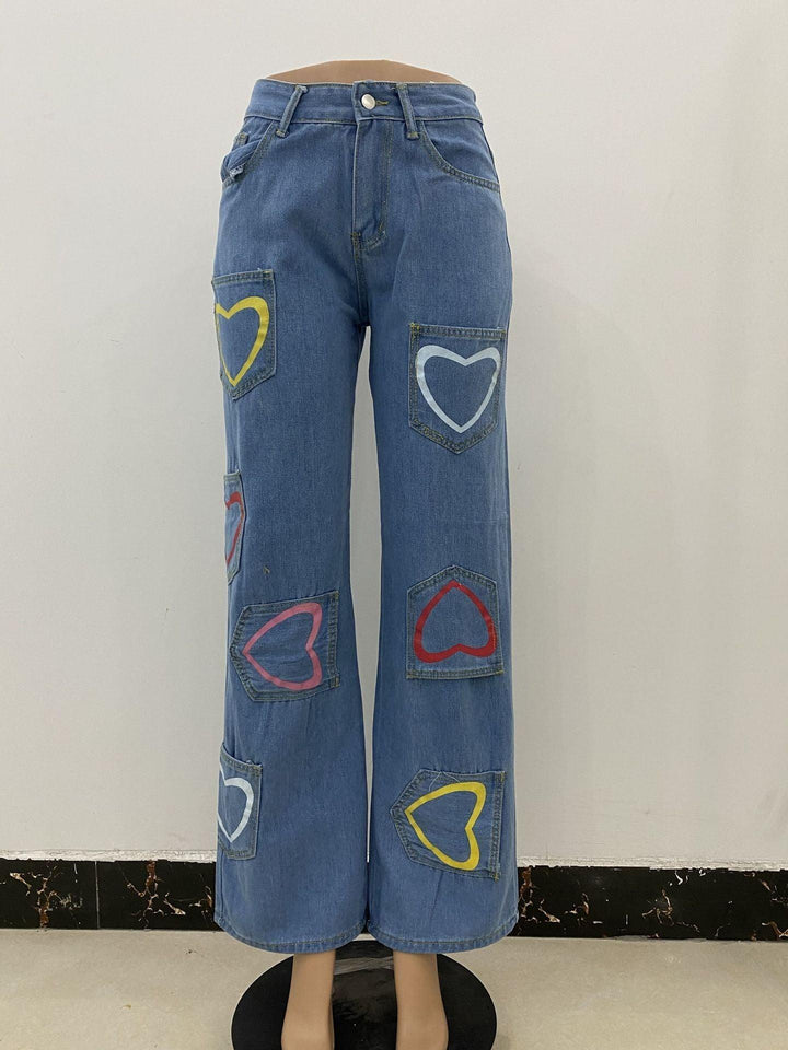 Multi-pocket Colorful Heart Print Jeans Women's Flared Pants-THAT FASHION STORE