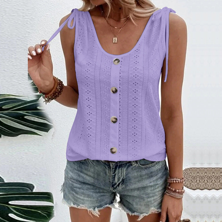 Casual Solid Color U-neck Vest Women Shoulder With Bow Tie Tops Summer T-shirt - THAT FASHION STORE