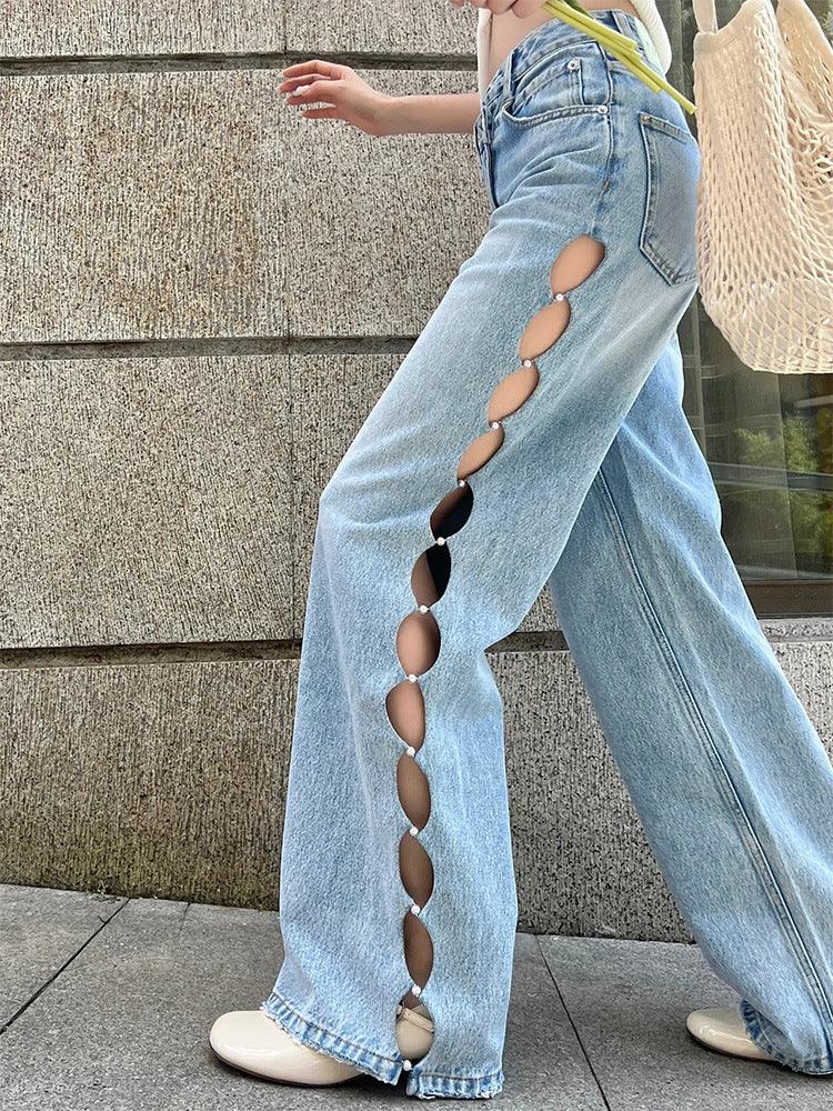 Blue Pearl Hollow Wide-leg Jeans Female Summer-THAT FASHION STORE