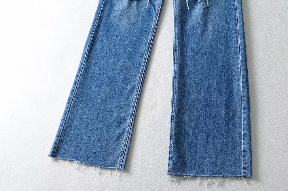 Jeans Straight Trousers With Holes And Rough Edges-THAT FASHION STORE