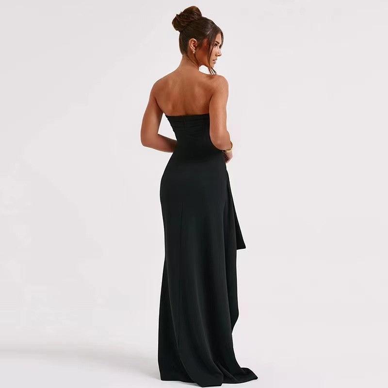 Women's Line Up Collar With Sexy Backless High Slit Dress-THAT FASHION STORE