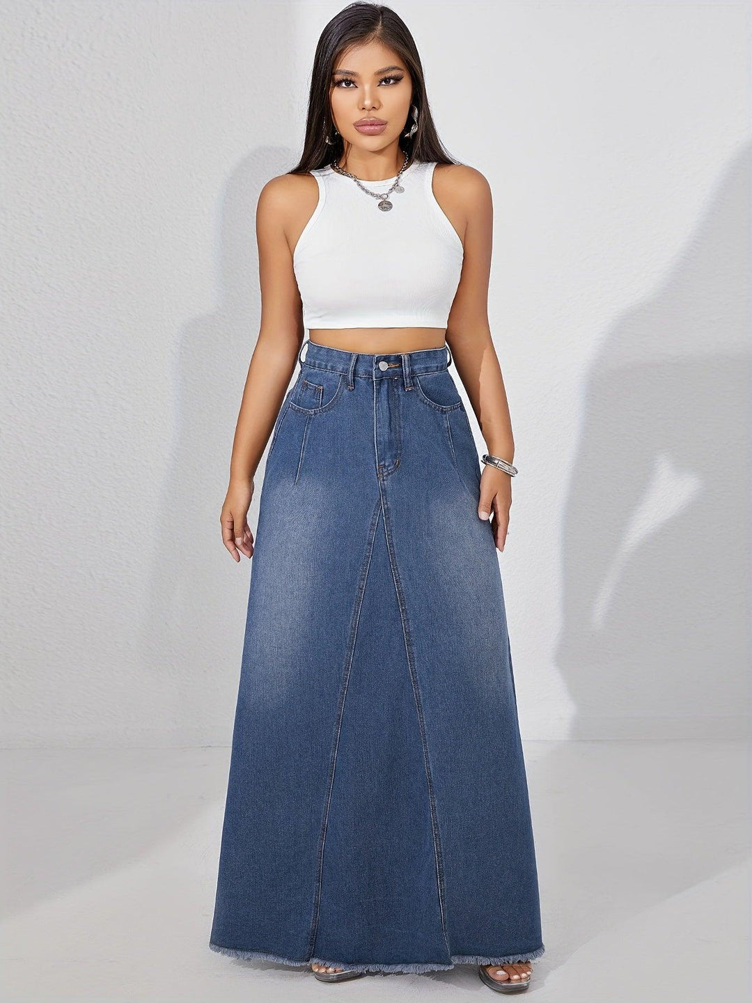 Women's Casual Style Plain Denim Maxi Skirt, Non-Stretch A-Line Jean Long Skirt With Frayed Hem for autumn-THAT FASHION STORE