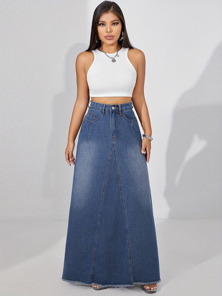 Women's Casual Style Plain Denim Maxi Skirt, Non-Stretch A-Line Jean Long Skirt With Frayed Hem for autumn-THAT FASHION STORE