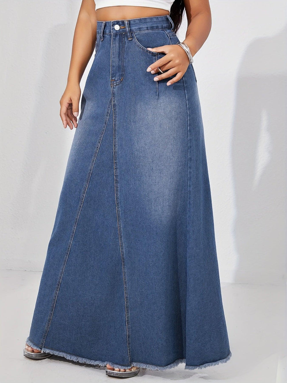 Women's Casual Style Plain Denim Maxi Skirt, Non-Stretch A-Line Jean Long Skirt With Frayed Hem for autumn-THAT FASHION STORE