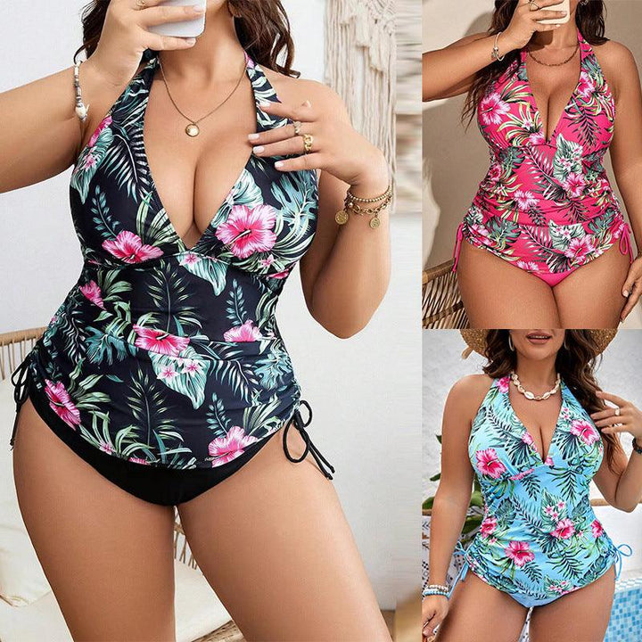 Women's Plus Size Split Bikini Digital Printing Drawstring Swimsuit-THAT FASHION STORE