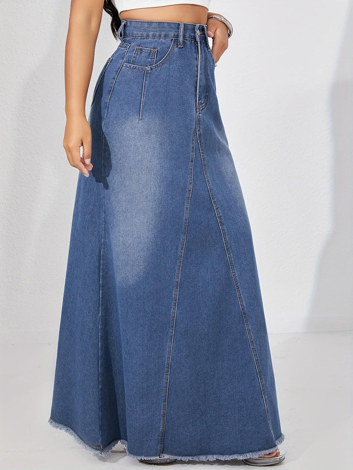 Women's Casual Style Plain Denim Maxi Skirt, Non-Stretch A-Line Jean Long Skirt With Frayed Hem for autumn-THAT FASHION STORE