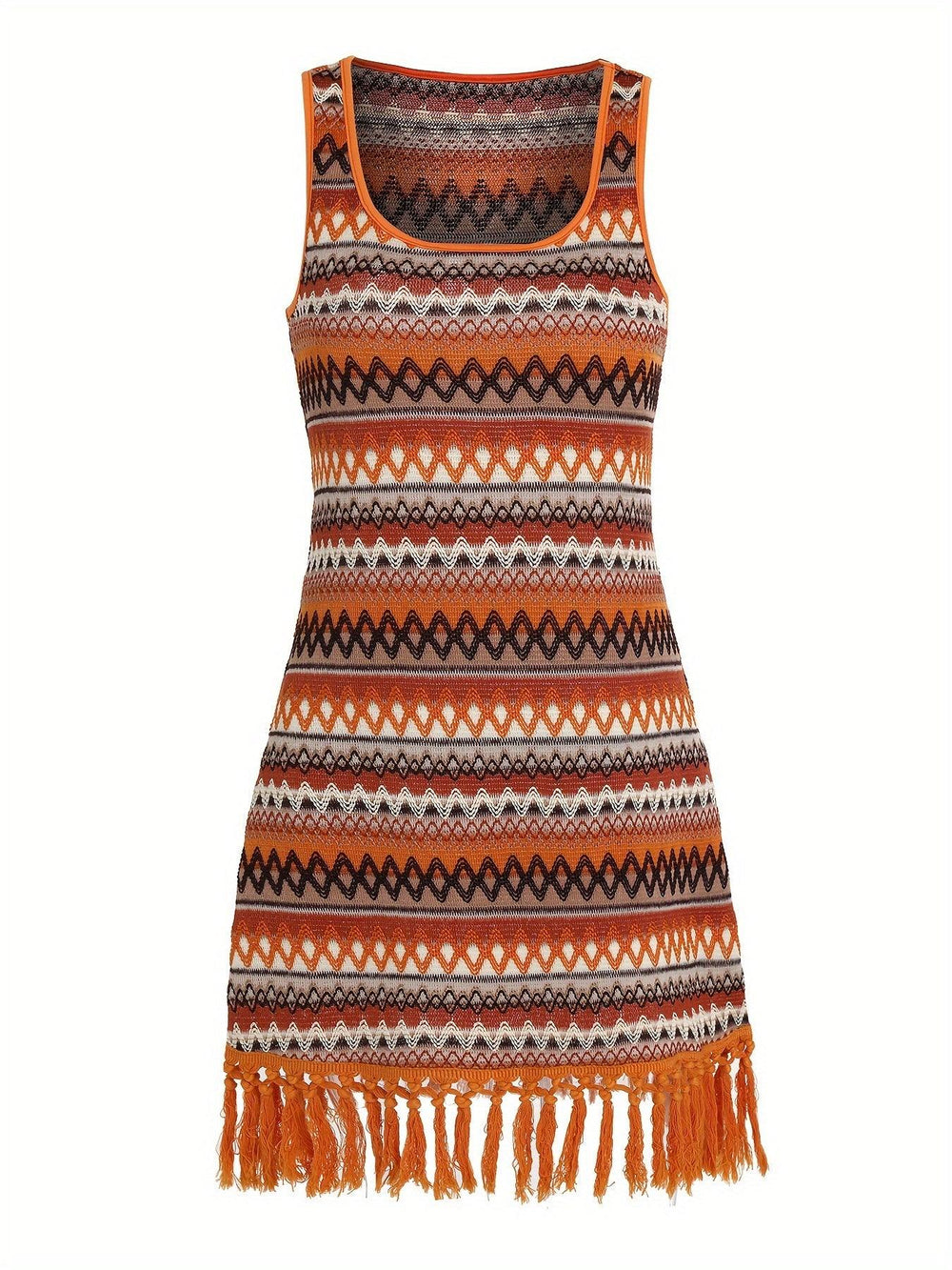 Plus Size Tribal Print Dress, Elegant Tassel Hem Scoop Neck Sleeveless Tank Dress For Spring & Summer, Women's Plus Size Clothing-THAT FASHION STORE