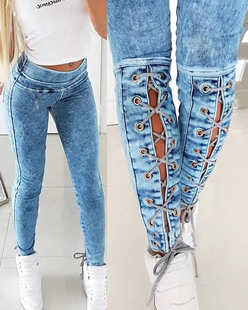 Women's High Waist Lace-up Stretch Skinny Jeans-THAT FASHION STORE