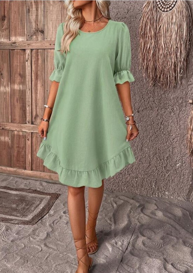 Summer Solid Color Ruffle Sleeve Dress for Women - Loose Fit Round Neck Style - THAT FASHION STORE