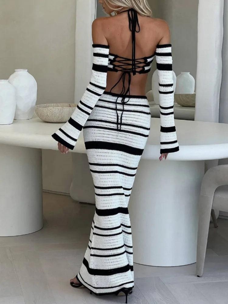 Elegant Knitted Beach Skirts Sets Women Holidays Outfits Bohemia Striped Two Piece Sets Summer Long Party Beachwear 2024-THAT FASHION STORE