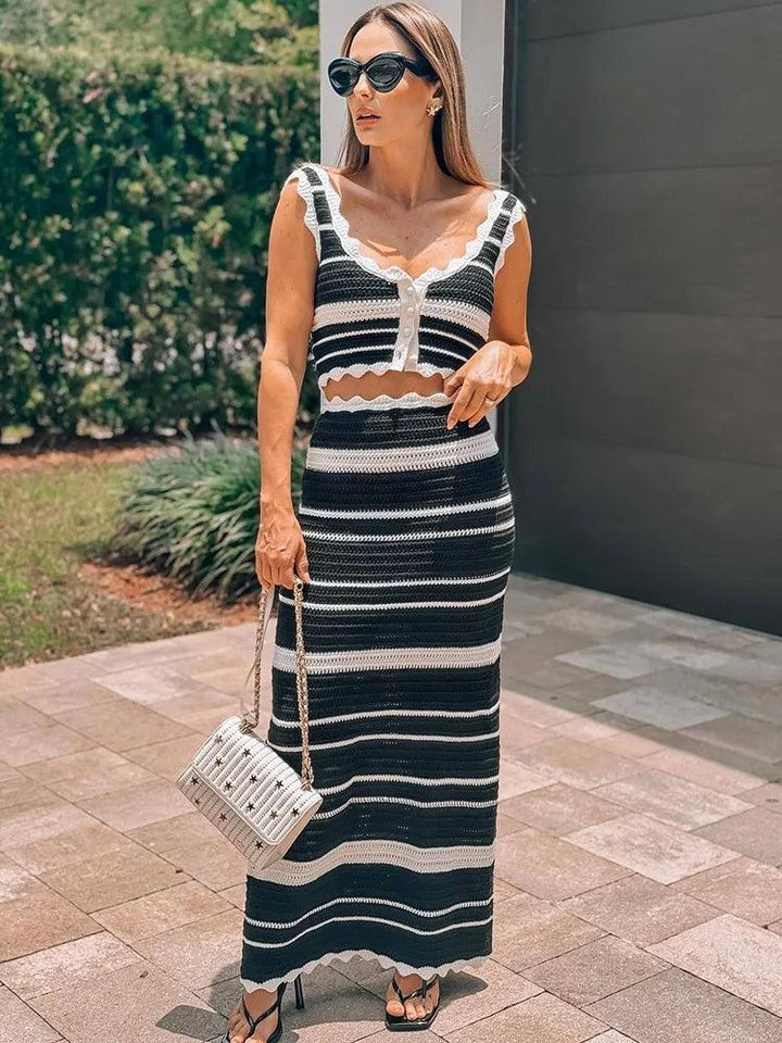 Elegant Knitted Beach Skirts Sets Women Holidays Outfits Bohemia Striped Two Piece Sets Summer Long Party Beachwear 2024-THAT FASHION STORE