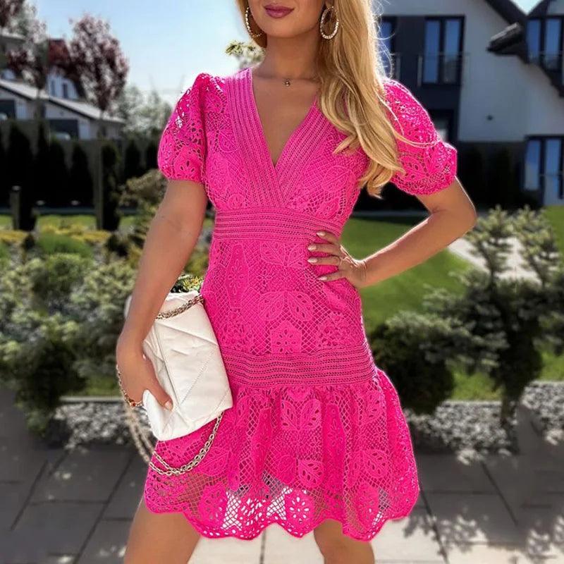 Elegant Puff Sleeve O Neck Button Mini Dress Women Fashion White Lace Patchwork Holiday Dress Office Lady Causal Short Dresses-THAT FASHION STORE