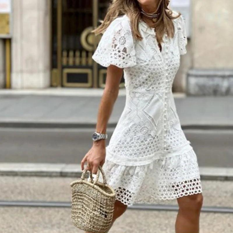 Elegant Puff Sleeve O Neck Button Mini Dress Women Fashion White Lace Patchwork Holiday Dress Office Lady Causal Short Dresses-THAT FASHION STORE